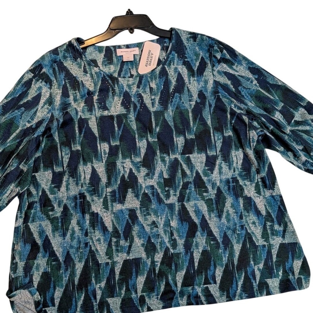 ALLISON DALEY 3X Relaxed Fit 3/4 Sleeve Top Blouse Blue Green Rhinestones